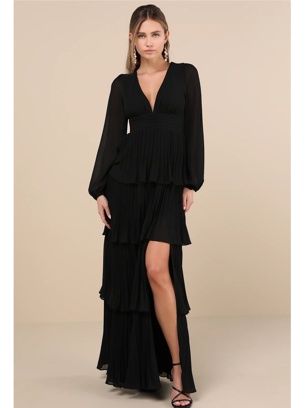 Lulus Graceful Finesse Black Pleated Long Sleeve Chiffon Maxi Dress Event Small